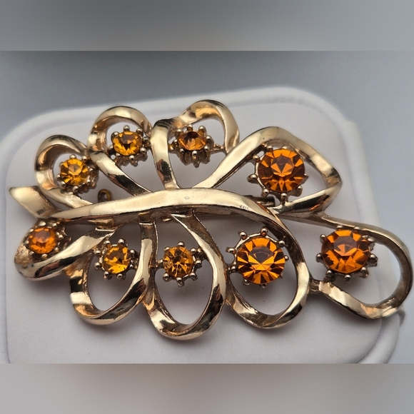 Coro Feather Brooch Vintage Art Deco Era Pin Gold Tone Amber Stones - Picture 8 of 9